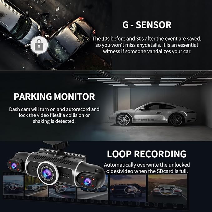 360° Dash Cam Front and Rear View 4 Channel Dash Camera FHD 2K+1080Px3 for Car, Inside/Back 170°+2x150°+170° Wide Angle, 8 IR Lamps Night Vision,WiFi,GPS, APP,G-Sensor with 64GB Card,24/7 Parking Mode