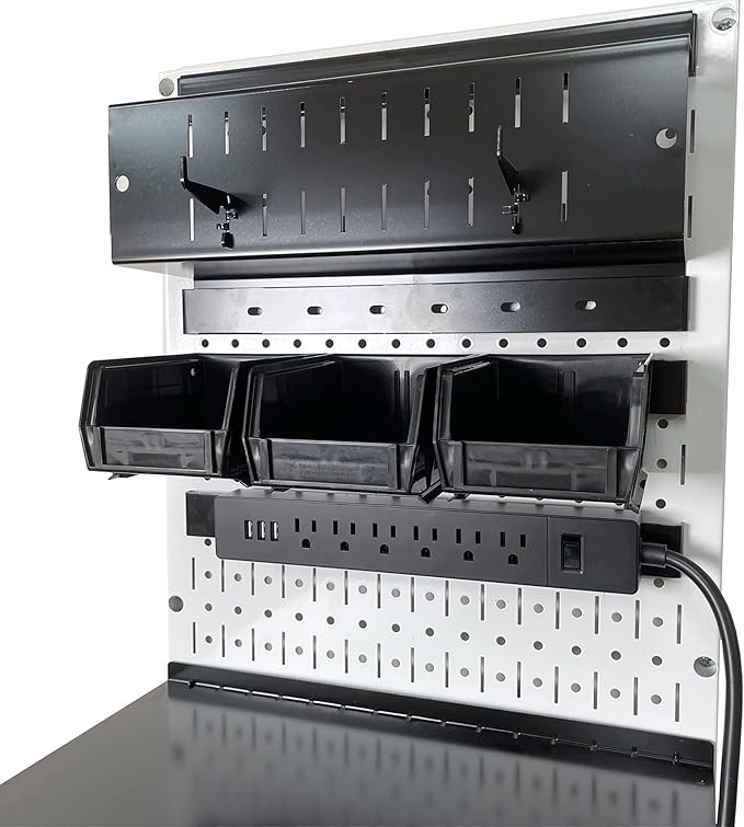Wall Control Power Tool Storage Organizer Kit Cordless Drill Holder Charging Station Rack 16” x 32” Metal Pegboard Organization System (White Pegboard)