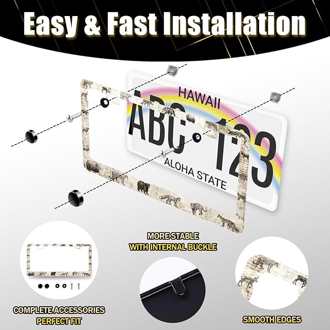 Animals License Plate Frame Bear Deer Horse Tiger License Plate Holder Stainless Steel Funny Design with 2 Holes and Screws 12.3" x 6.3"