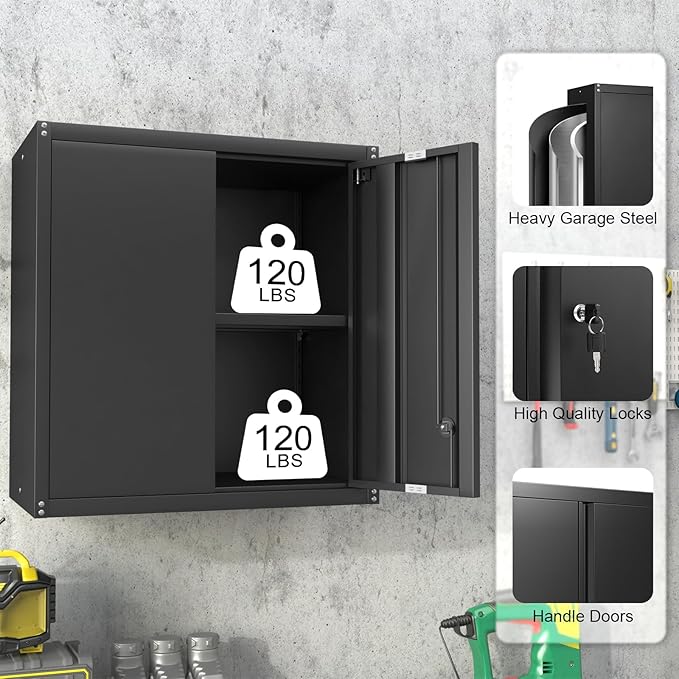 LUCYPAL Garage Storage Cabinet,27.95" H Metal Wall Cabinets with Locking Doors and Adjustable Shelves,Steel Hanging Storage Cabinet for Home Office,Kitchen,Basement,Black