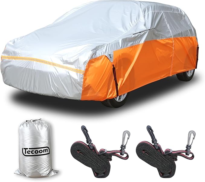 Tecoom Car Cover for Automobiles, Weatherproof Full Exterior Covers, Universal Car Tarp Covers w/Detachable Gust Straps for Toyota Corolla Ford Focus Chevrolet Sonic, Fit 160"-172" Hatchback