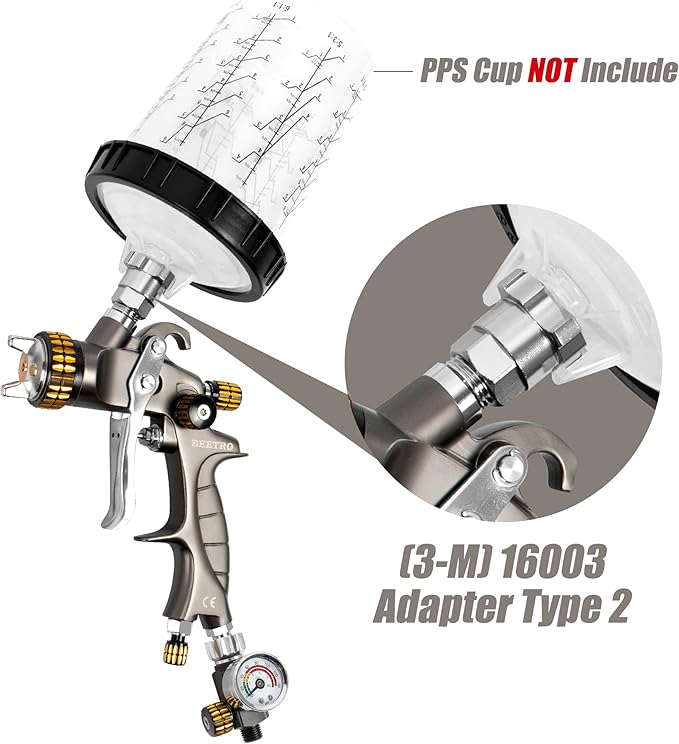 BEETRO HVLP Touch Up Mini Air Spray Gun for Clearcoats 1.0mm Stainless Steel Nozzle 150ml Capacity 7.0CFM 22psi with Type 2 Adapter Air Control Valve and Filter Professional