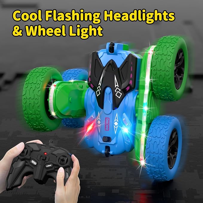 Remote Control Car, RC Cars Toys for Boys Age 5-7, RC Stunt Car Toy with Strip Lights and Headlights, 2.4 Ghz 600mAh Double-Sided 360° Rotating 4WD RC Cars, Fast Race Car Rechargeable Toy for Boys
