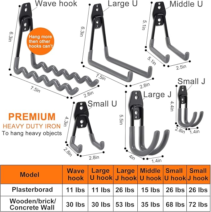 Aoben 24PCS Heavy Duty Garage Hanger Organizer Anti-Slip Double Wall Storage Hooks for Power Tools, Bikes, Ropes (23 Hooks & 1 Holder Strap)-Grey