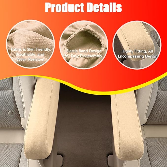 2PC Car Front Seat Armrest Covers,Universal Size Seat Arm Rest Cover,Flat Cloth Fabric Armrest Cover,Car Interior Accessories(Beige,1Pair)