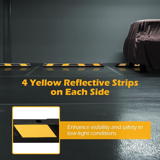 Rubber Parking Curb Garage Floor Stopper, 72" Heavy Duty Parking Lot Stopper with Yellow Reflective Stripes, Guide Wheel Stopper for Car, Truck, RV, Trailer, Driveway (1 Pack