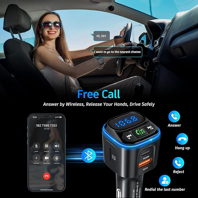 Bluetooth 5.3 FM Transmitter Car Adapter [PD36W & QC18W] [Fast Charging] Wireless Radio Adapter HiFi Bass Sound Hands-Free Calling LED Display with Light Switch Support Bluetooth/U Disk/TF Card