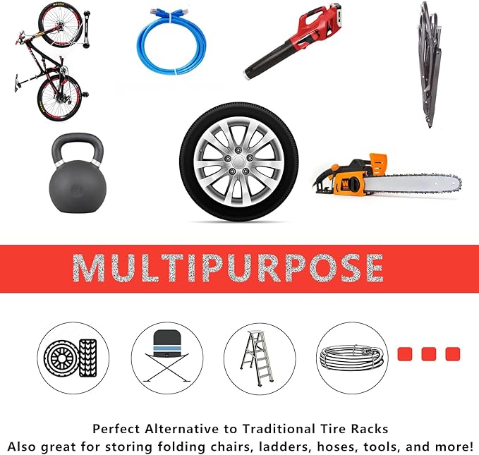 4 Pcs Wall Mount Garage Tires Hooks, 10 Inch Heavy Duty Steel Garage Storage Hooks with Anti-Slip Coating, Hang Tools for up to 88Lbs, for Car Tires, Ladders, Chairs, Ropes