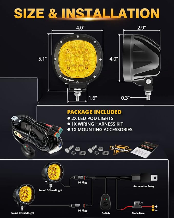 Auxbeam P4 Series Flood Beam Amber Round Light Pods, 4 Inch 90W Yellow Flood Light Bar Backup Reverse, LED Offroad Lights Automotive Work Lights Super Bright Fog Lamp, Pair