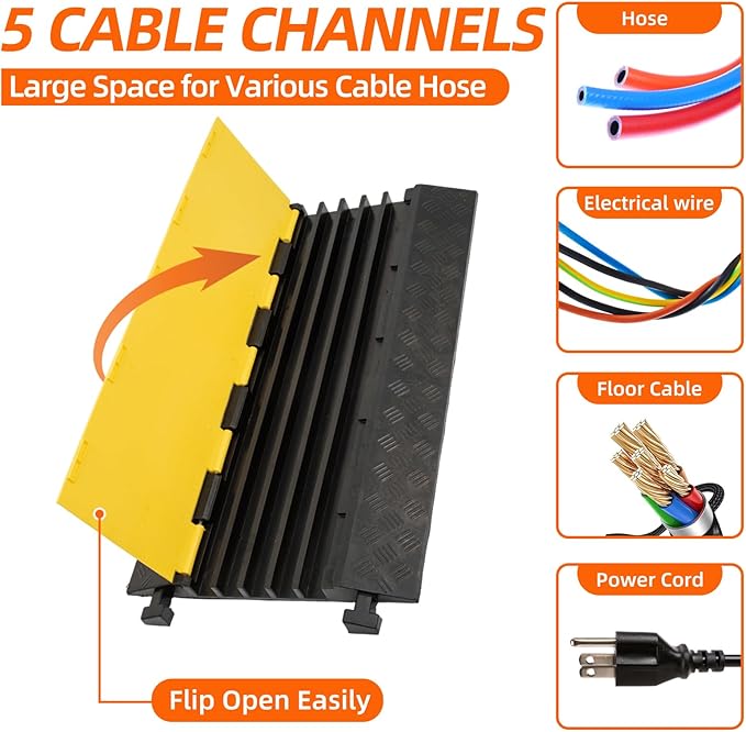 5 Channel 2 Pack Cable Protector Ramp Traffic Wire and Hose Ramp Cord Cover Heavy Duty Channels 18,000 lbs Load Capacity Cable Wire Ramp Speed Bump Driveway Cable Ramp Protective Cover