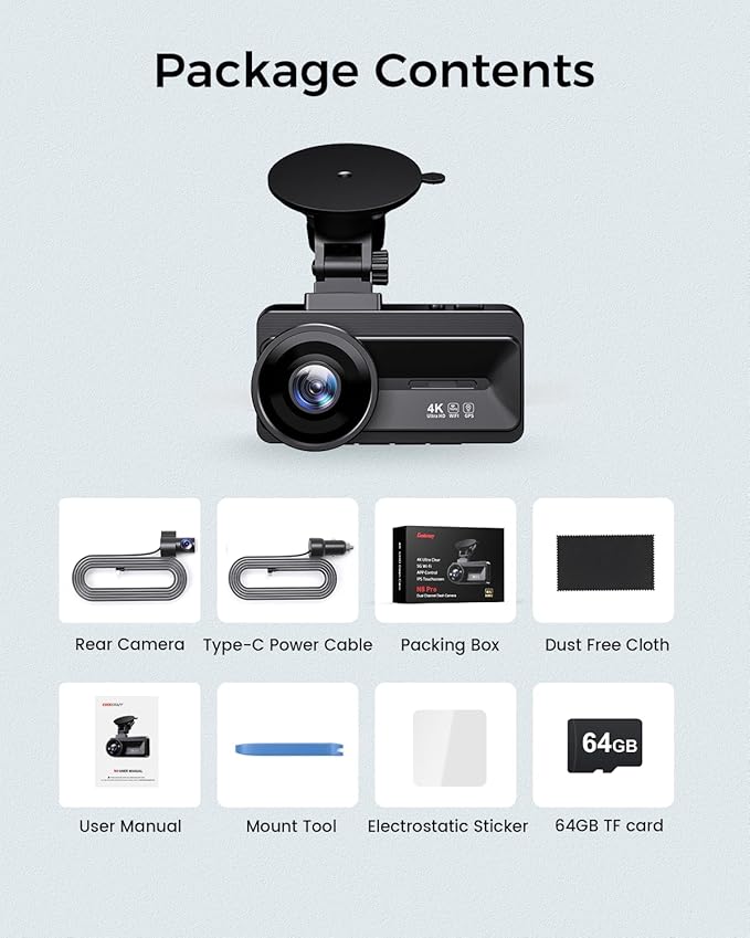 COOLCRAZY 4K Dash Cam Front and Rear with Touch Screen & STARVIS Sensor,5.8Ghz Wi-Fi,GPS,64GB Card,Night Vision Dashcam,G-Sensor,Loop Recording,App Control,24H Parking Monitor Car Camera