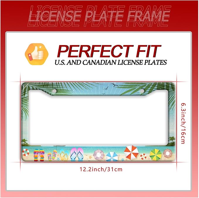 Beach Flip Flops License Plate Frame Funny Seaside License Plate Frames Stainless Steel Accessories Cars Decor with 2 Holes and Screws Fits Standard Us Ca Vehicles License Plate Holder 12.2 X 6 Inch
