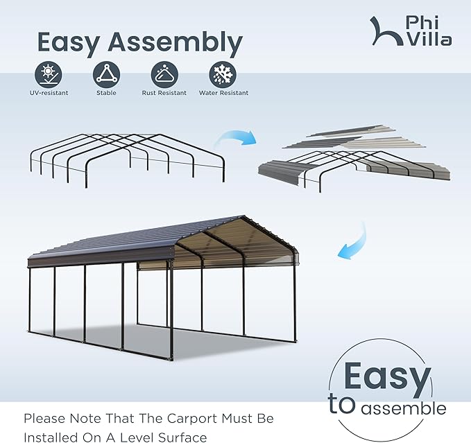 PHI VILLA 12 x 20 ft Carport Metal Carports with Galvanized Steel Roof, Sturdy Heavy Duty Metal Carport for Cars, Boats, and Tractors