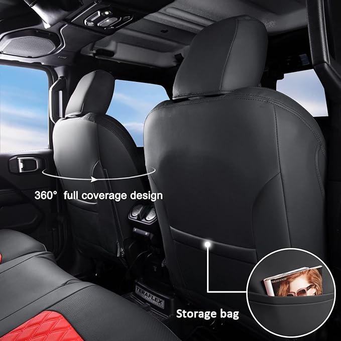 GIANT PANDA Fit Full Set Car Seat Covers for Jeep Wrangler 4 Door JL Sahara Sport Rubicon Unlimited Willys 2018 2019 2020 2021 2022 2023 2024 2025 Without Rear Cup Holder,Faux Leather (Black+Red)
