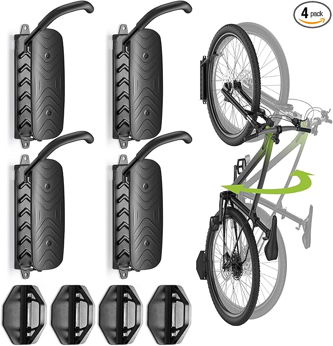 Swivel Bike Wall Mount [4 Pack], 150° Swivel Vertical Bike Rack Wall Hanger Holds up to 66lbs for Mountain/Road/Hybrid Bikes, Bike Hangers, Bicycle Storage Rack for Garage