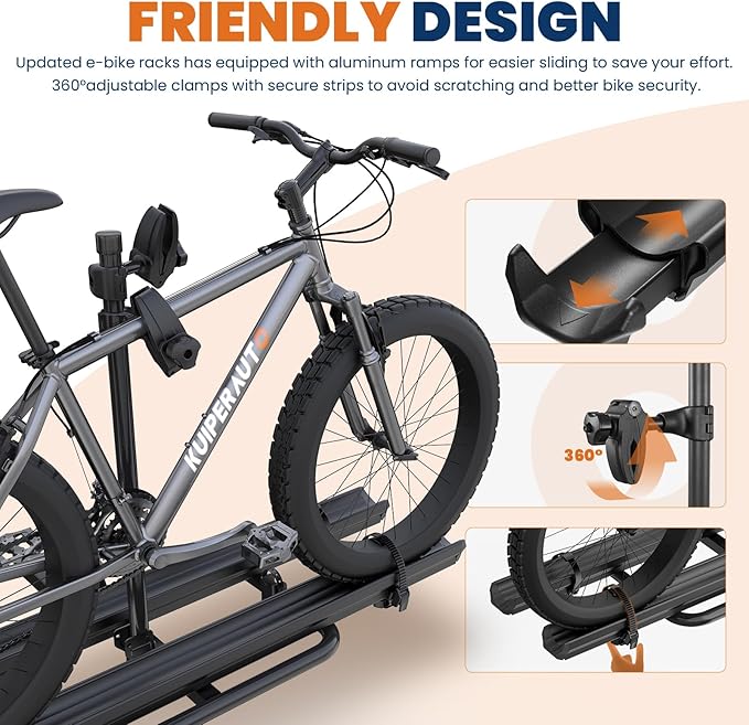 Aluminum 2 EBikes Rack Foldable 2'' Hitch Mounted Carrier Racks w/Ramps Over 200lbs Capacity for 5 inch Fat Tire Heavy Duty Universal E-Bike Racks for SUVs Cars Trucks RV 2-Inch Receiver