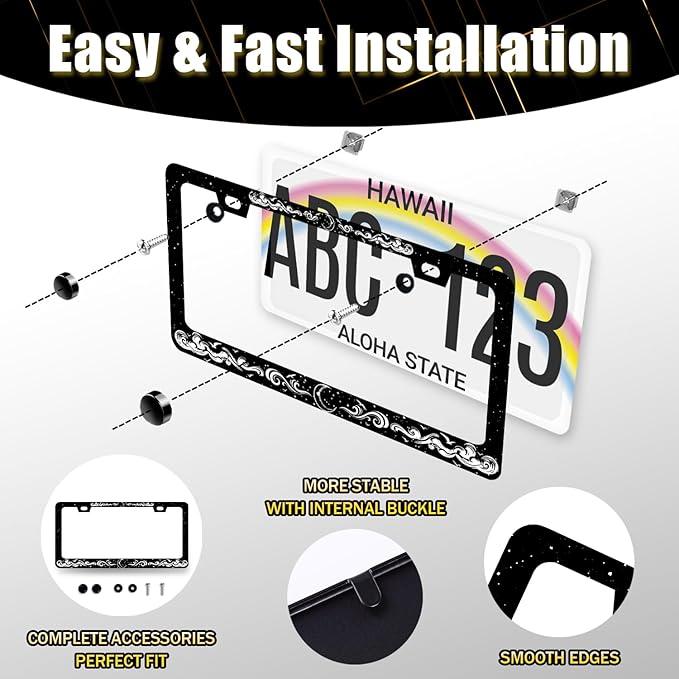 Moon License Plate Frame Clouds Stars Starry Sky License Plate Stainless Steel Funny Black Accessories Cars Decor 12.2 X 6.2 Inch with 2 Holes and Screws Fits Standard Us Ca Vehicles