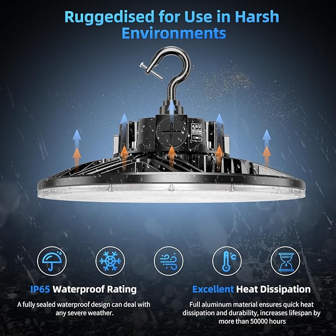 480V LED High Bay Light 300W 240W 200W Adjustable UFO Light 42000LM ETL DLC Listed Dimmable High Bay LED Shop Lights 5000K Daylight IP65 Waterproof Commercial Bay Lighting for Warehouse Factory