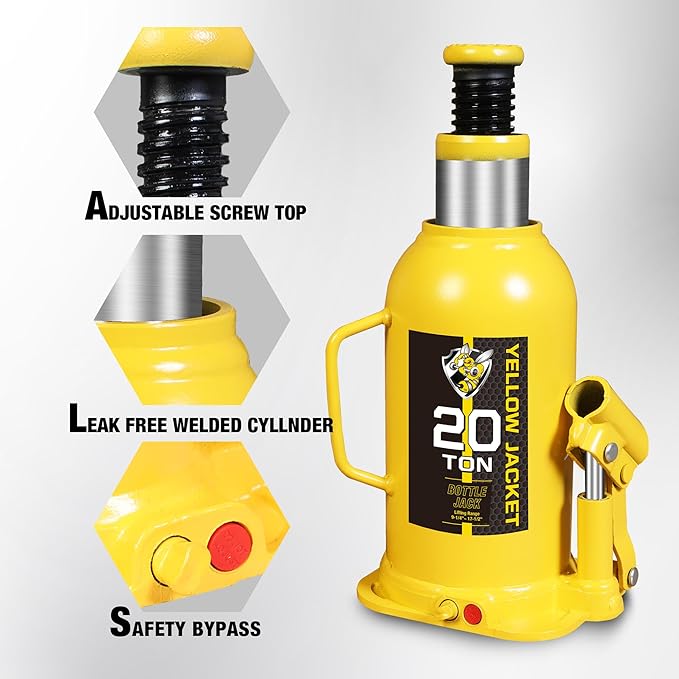 YELLOW JACKET 20 Ton Muti-Directional Welded Bottle Jack (40,000lb), Horizontal Bottle Jacks Use for Car, Pickup, Truck, RV, Auto Repair, Hydraulic Bottle Jack, Yellow
