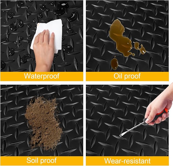 8x20 FT Garage Floor Mat, 2.8mm Thickened Flooring Roll Diamond Plate PVC Rubber Trailer Mat with 20 Pcs Tapes, Non-Slip Floor Protector Mat for Garage, Warehouse, Gyms, Trailer, Black