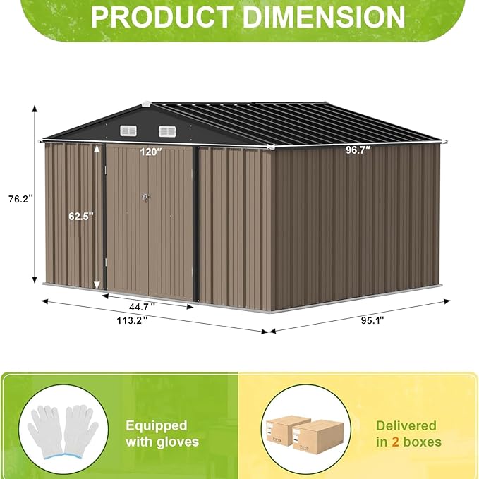 JUMMICO 8 x 10 FT Outdoor Storage Shed, Large Metal Garden Shed & Tool Sheds for Backyard Garden Patio Lawn (Brown)