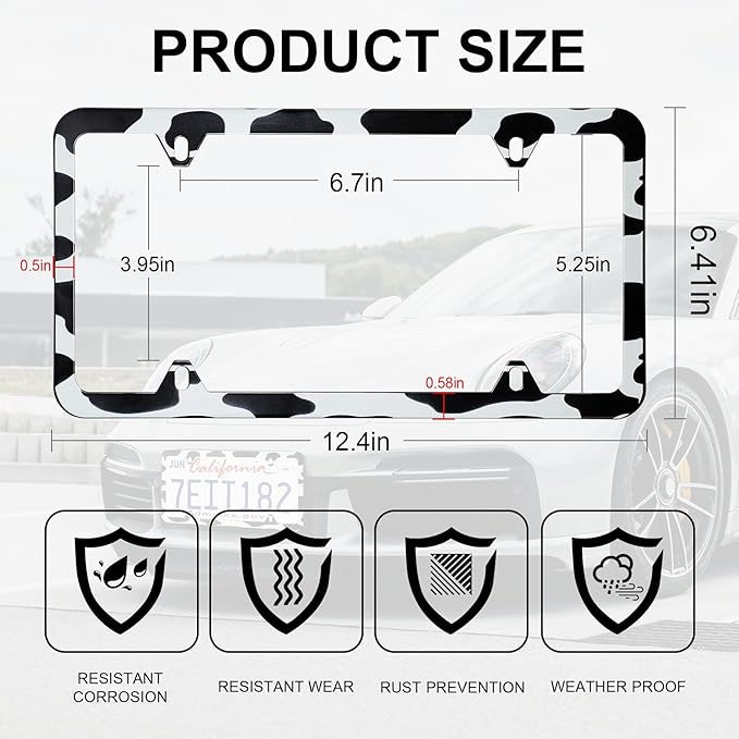 LivTee 4 Holes Stainless Steel License Plate Frames, 2 PCS Car Licence Plate Covers, Automotive Exterior Accessories Slim Design with Bolts Washer Caps for US Vehicles, Cow Spot