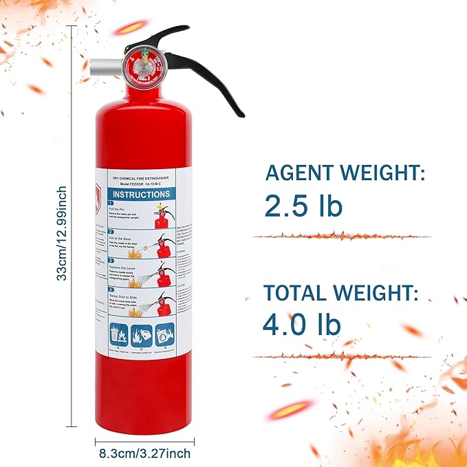 6 Pack Dry Chemical 2.5 lb ABC Fire Extinguishers, Home, Car, Boat Use, 1A:10B:C Rating, Quick Release Handle, Easy to store and Carry Dry Powder Extinguisher