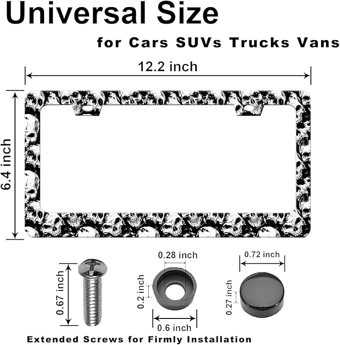Skull License Plate Frame Black and White Skull License Plate Holder Cool Auto Accessory Car Decor Bracket Aluminum License Tag Plate with Anti-Theft Screw Caps-1Pcs