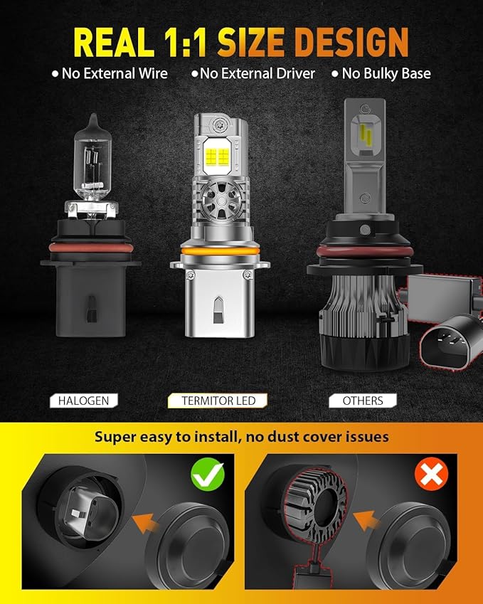 Upgraded 9007/HB5 LED Bulbs, 60,000LM 12X Ultra-Brighter, 6500K Cool White, 1:1 Halogen Size Driving Light, Plug-N-Play, IP68 Waterproof, Pack of 2