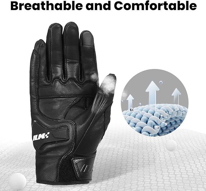 ILM Goatskin Leather Motorcycle Motorbike Powersports Racing Gloves Touchscreen for Men and Women Model DN01(L, Black Unperforated)