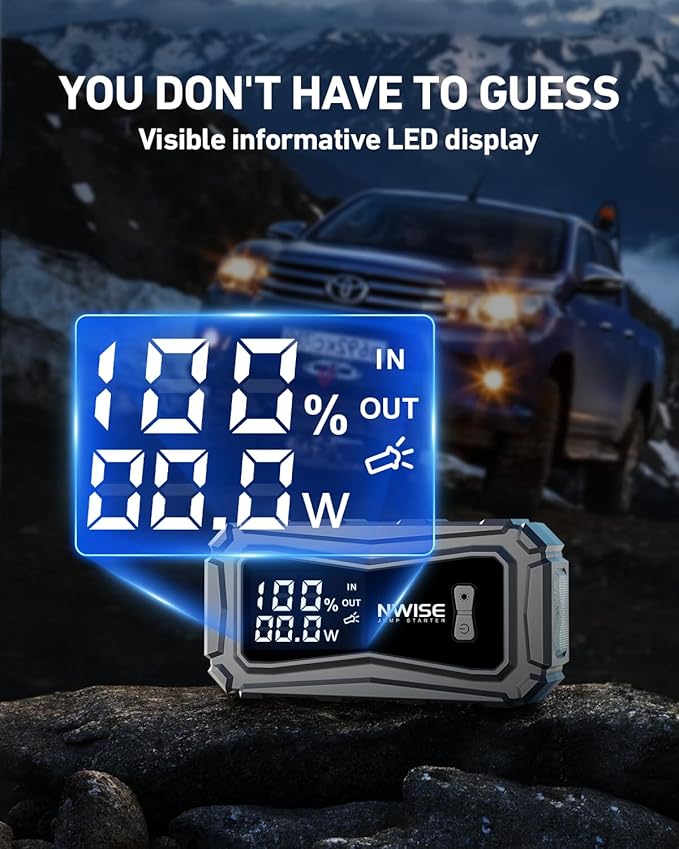 NWISE Car Jump Starter, 6000A Peak 25800mAh Portable Battery Starter (Up to 10L Gas or 8L Diesel Engine) with Smart Safety Jumper Clamps,12V Jump Boxes Large Screen with 45W Fast Charging