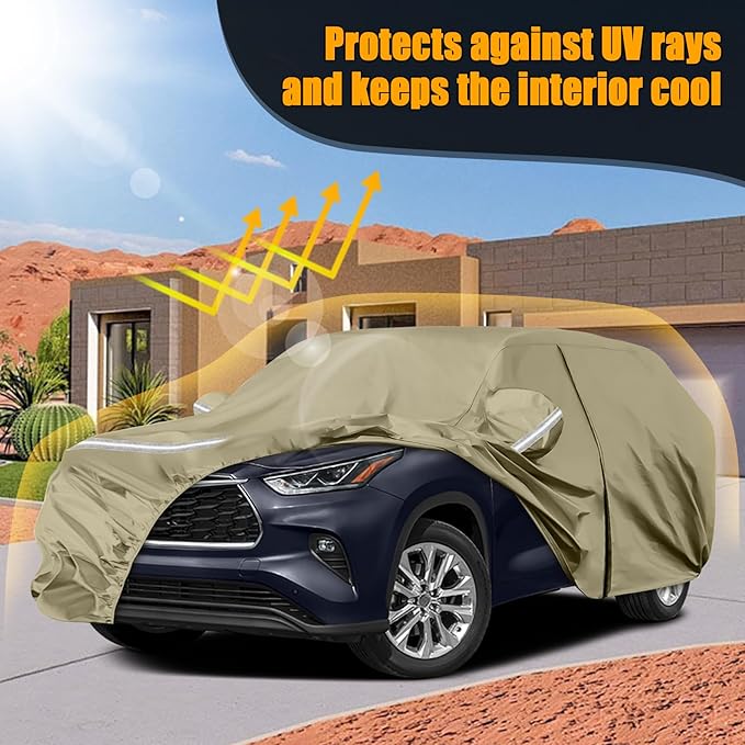 Waterproof Car Covers Replace for 2008-2025 Toyota Highlander, Multilayer Heavy Duty with Cotton Liner All Weather Car Cover with Zipper Door, Windproof Bands for Snow Rain Dust Protection