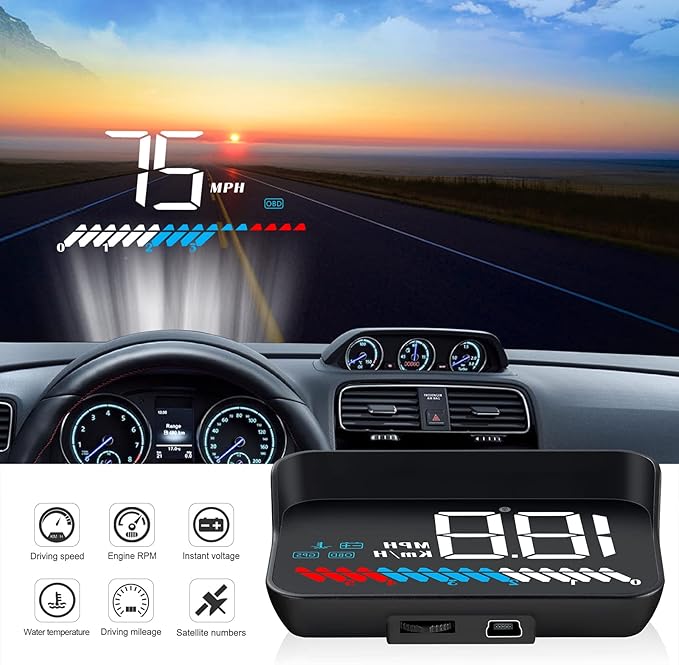 Heads up Display for Cars Car HUD M7, Digital Speedometer for Car OBD/GPS Smart Gauge, Driving Speed, Engine RPM, Voltage, Water Temperature, Etc.., Speedometer for Car Works Great for All Cars