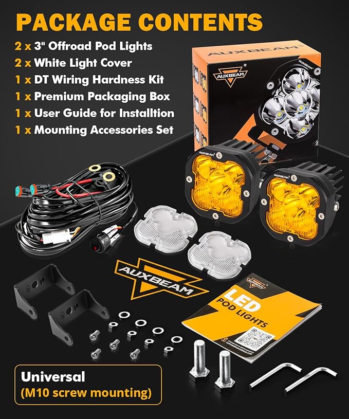 Auxbeam 3 Inch Led Pods Amber Fog White Off Road Driving Light XP-Ultra Series Spot Flood Combo Offroad LED Bar Cube Lights 80W Auxiliary Ditch Lights with White/Amber Light Covers, Pair