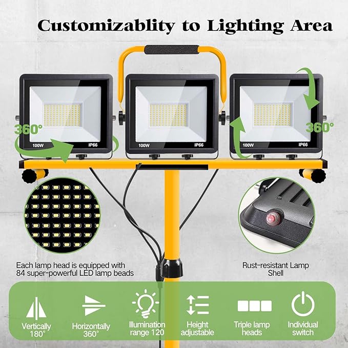 21000 Lumen Work Lights with Stand, 3 Adjustable Head LED Work Light，Foldable Tripod Stand and Portable Removable Led Construction Lights
