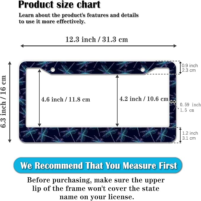 License Plate Frames Black Blue Automotive Exterior Accessories Beautiful Dragonfly Insects Aluminum Metal Car Accessory 2 Pack with Screw Covers Set