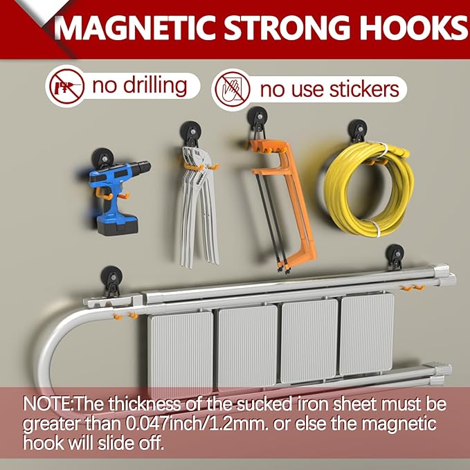 3-H Heavy Duty Magnet Garage Hooks 2 Pack, Extra Large Strong Magnetic Hooks for Hanging Cordless Power Drill, Utility Magnetic Tool Holder for Metal Cabinet, Steel Pegboard, Toolbox, Garage(Orange)