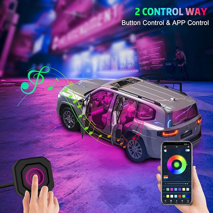 Acrylic Interior Car LED Strip Light, AMKI Car Neon Light with APP Control, 16 Million Colors Sound Activated Car Accessories Car Ambient Lighting Kit with RGB 18 in 1 and 213 Modes 175 inches 593 LED