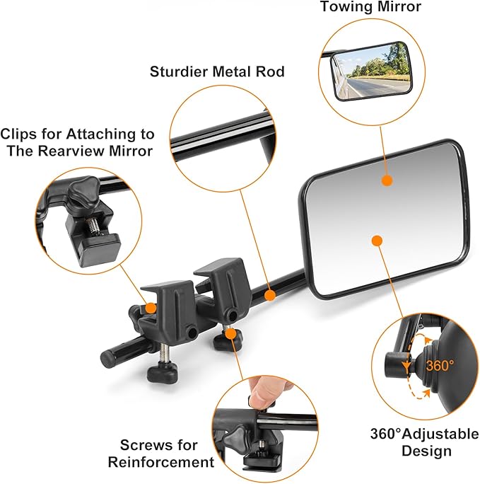 Clip-On Mirror Extenders for Towing - 360° Adjustable Side Mirror Extensions with Flat Locking Design，Tool-Free Installation compatible with RV, SUV, Trucks, Vans, Trailers (1 Pair)