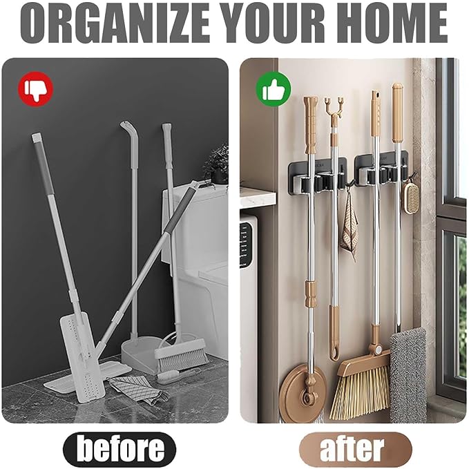 Stainless Steel Mop and Broom with Hook, Heavy Duty Rust Resistant Self Adhesive Mop and Broom Holder Wall Mount for Bathroom, Kitchen, Office, Garden, Garage, With 3M VHB Sticky Pads