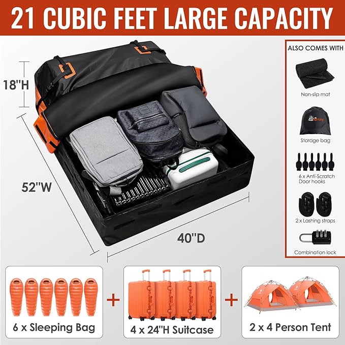 Car Rooftop Cargo Carrier - 21 Cubic Feet, 100% Waterproof Heavy Duty 840D Car Roof Bag for All Vehicles with/Without Racks - Anti-Slip Mat, 6 Door Hooks, Storage Bag, 2 Extra Straps