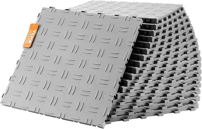 VEVOR Garage Tiles Interlocking, 12 x 12 x 0.53 inch 50 Pack Garage Floor Covering Tiles, Non-Slip Double-Sided Texture Garage Flooring Tiles, for Garages, Basements, Repair Shops, Silver