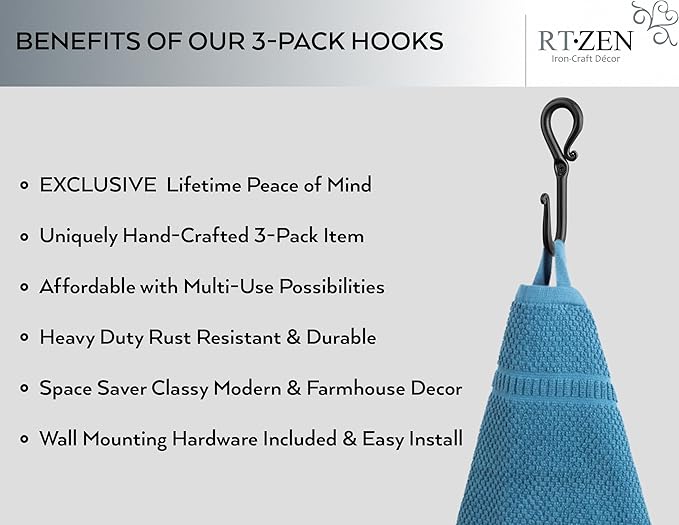 RTZEN Wall Mount Hook Set - Wrought Iron Decorative Rustic Metal Coat Hooks for Hanging - Handcrafted Classic Farmhouse Wall Mounted Black Hooks for Towel Robe or Hat Hanging - 3 Pack