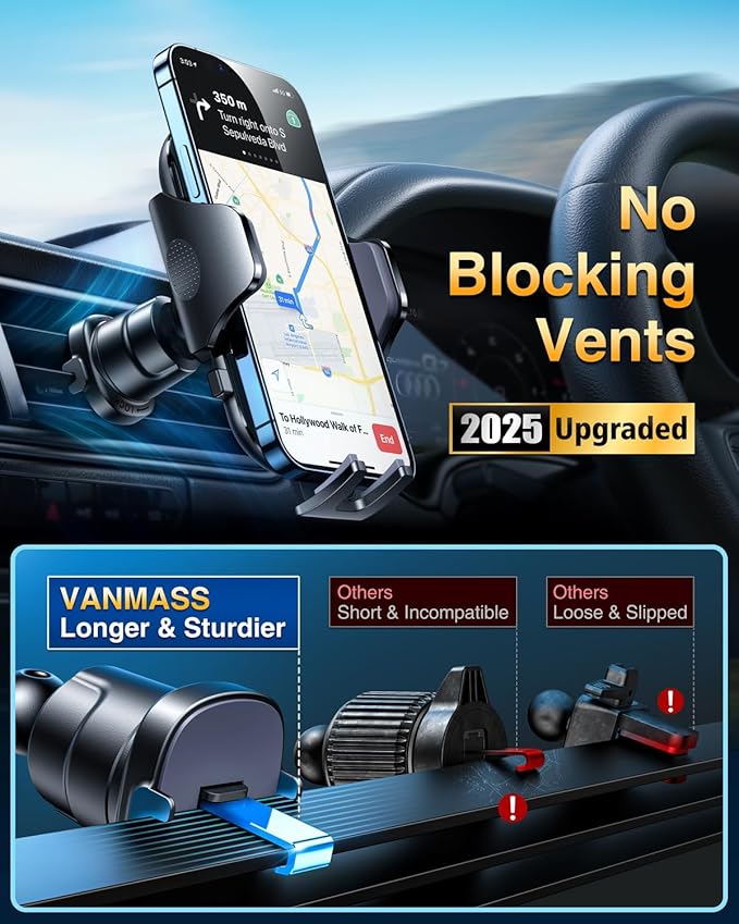 [2025 True Military-Grade] Car Phone Holder VANMASS [Upgraded Strongest Suction & Clip] Cell Phone Mount for Dashboard Windshield Vent,Truck Cradle Stand for iPhone 16 Pro Max 15 14 13 Samsung Android