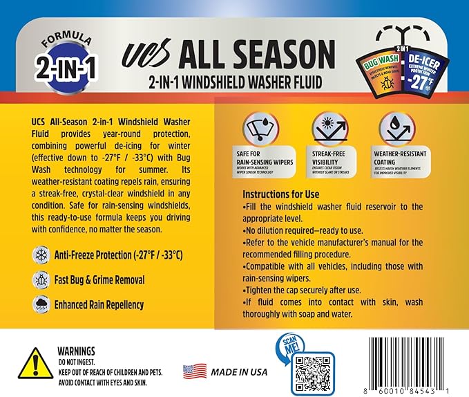 UCS Advanced All-Season Windshield Washer Fluid | Winter Protection to -27°F | 2-in-1 Bug Wash & Water Beading Technology | Streak-Free Visibility | Safe for Rain-Sensing Windshields | 1 Gallon