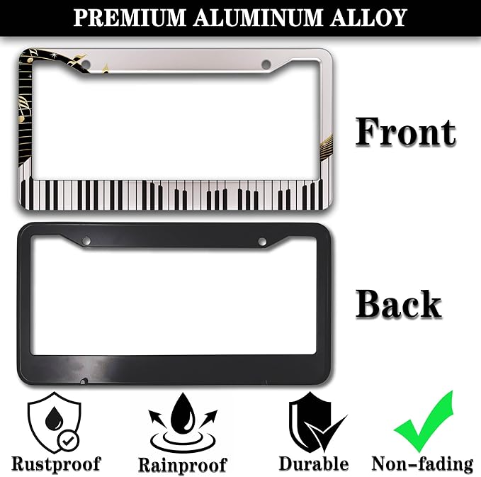 License Plate Bracket Black and White License Plate Frames Beautiful Piano Keys Music Notes Aluminum Metal Car Accessory 2 Pack with Screw Covers Set