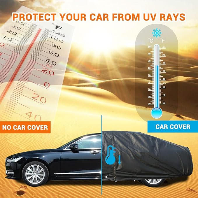 Tecoom All Weather Fleece Lining Car Cover - Windproof, Sun UV Protection, Waterproof, Hail Protector, Zipper Door, Sedan (170-190 Inch)