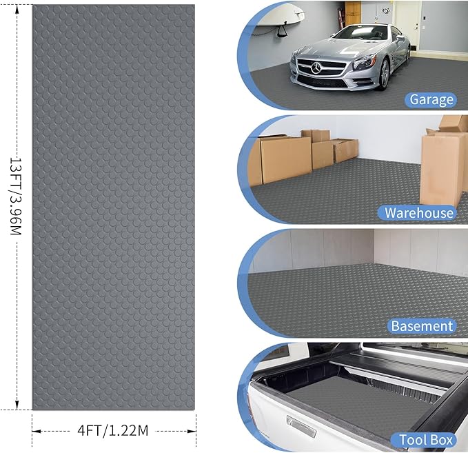 Premium Garage Floor Mat, Commercial Grade Heavy Duty Parking Mat for Garage Floor, Golf Cart Parking, Water/Stain Resistant Floor Runner (Grey Coin, 4 x 13 Feet)