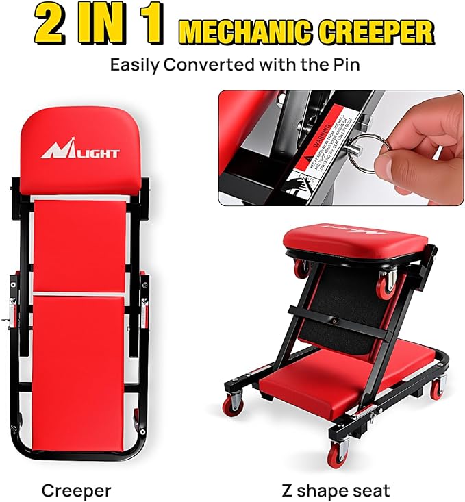 Nilight 40" Z Creeper - 2-in-1 Folding Rolling Mechanic Seat, 40 inches Adjustable Lay-Down or Sit Garage Chair, 330 lbs Capacity, Red Black