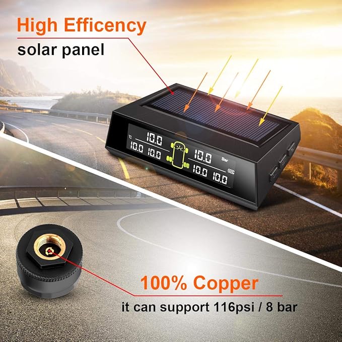 RV TPMS Tire Pressure Monitoring System, TS200 Solar Wireless TPMS with 6 Tire External Sensors Digital LCD Display RV Auto Security Alarm for Car RV Trailer Truck Tow Motorhome